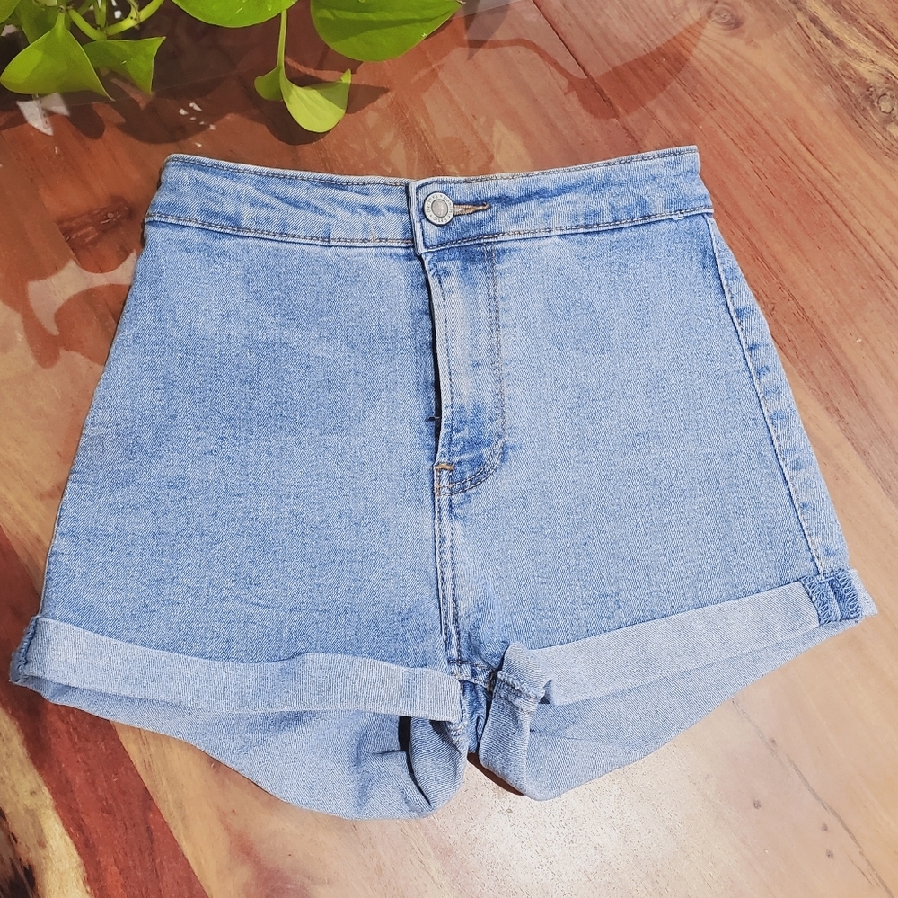 Bershka Portugal Retro 70's Highrise Folded Cuff Denim Shorts